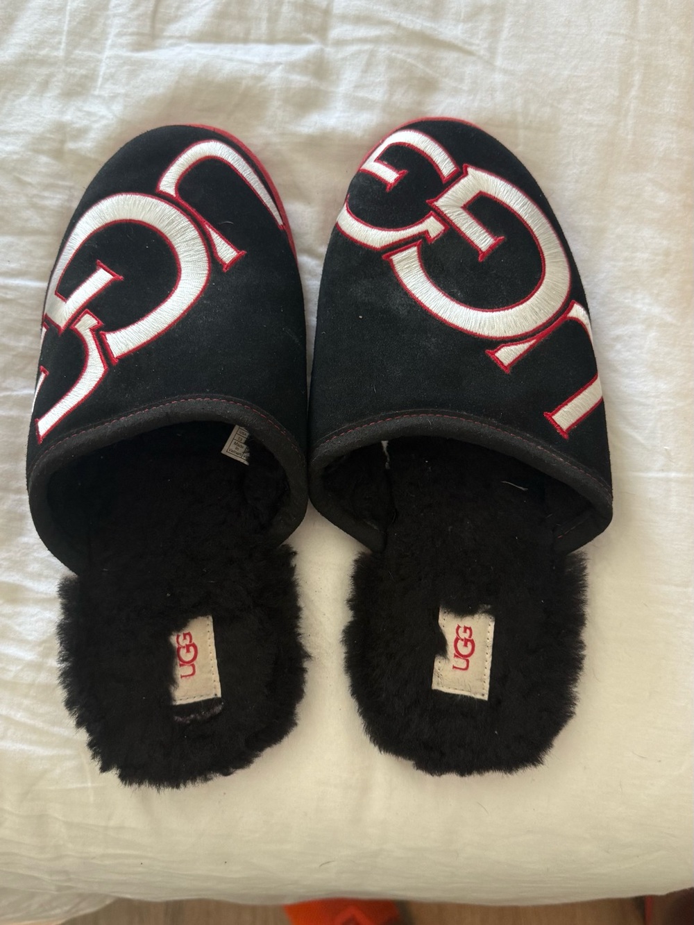 UGG Black Slippers with White and Red Logo Embroidery